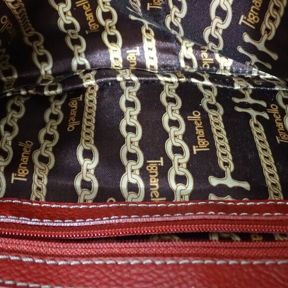 Tignanello Red Pebbled Leather Handbag Dual Buckle Straps Chain Print Lining - Picture 5 of 10